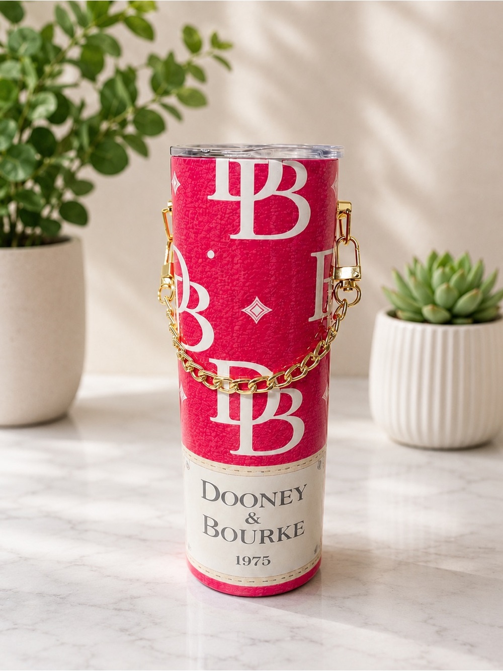 Dooney & Bourke Hot Pink Monogram Tumbler with Gold Chain